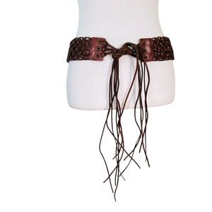 Brown Leather Braided Statement Belt Lariat‎ Tassel Tie 1.75" Wide